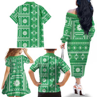 Fiji Masi All Green Family Matching Off The Shoulder Long Sleeve Dress and Hawaiian Shirt Tapa Pattern - Polynesian Pride