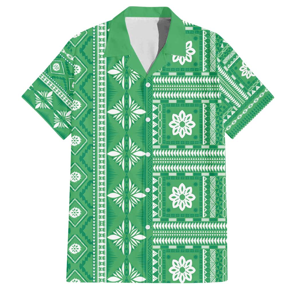 Fiji Masi All Green Family Matching Off Shoulder Short Dress and Hawaiian Shirt Tapa Pattern - Polynesian Pride