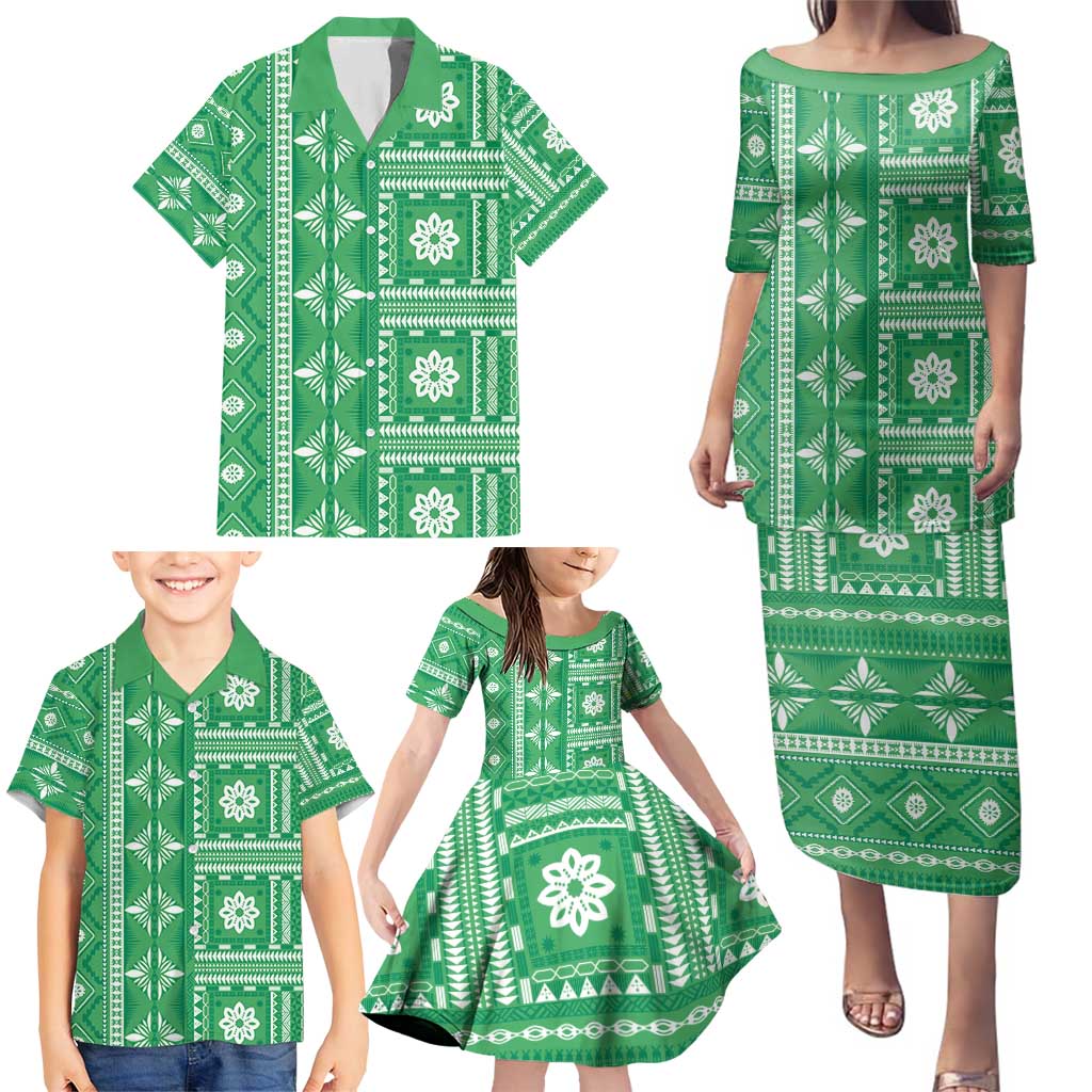 Fiji Masi All Green Family Matching Puletasi and Hawaiian Shirt Tapa Pattern - Polynesian Pride
