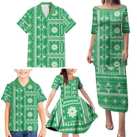 Fiji Masi All Green Family Matching Puletasi and Hawaiian Shirt Tapa Pattern - Polynesian Pride