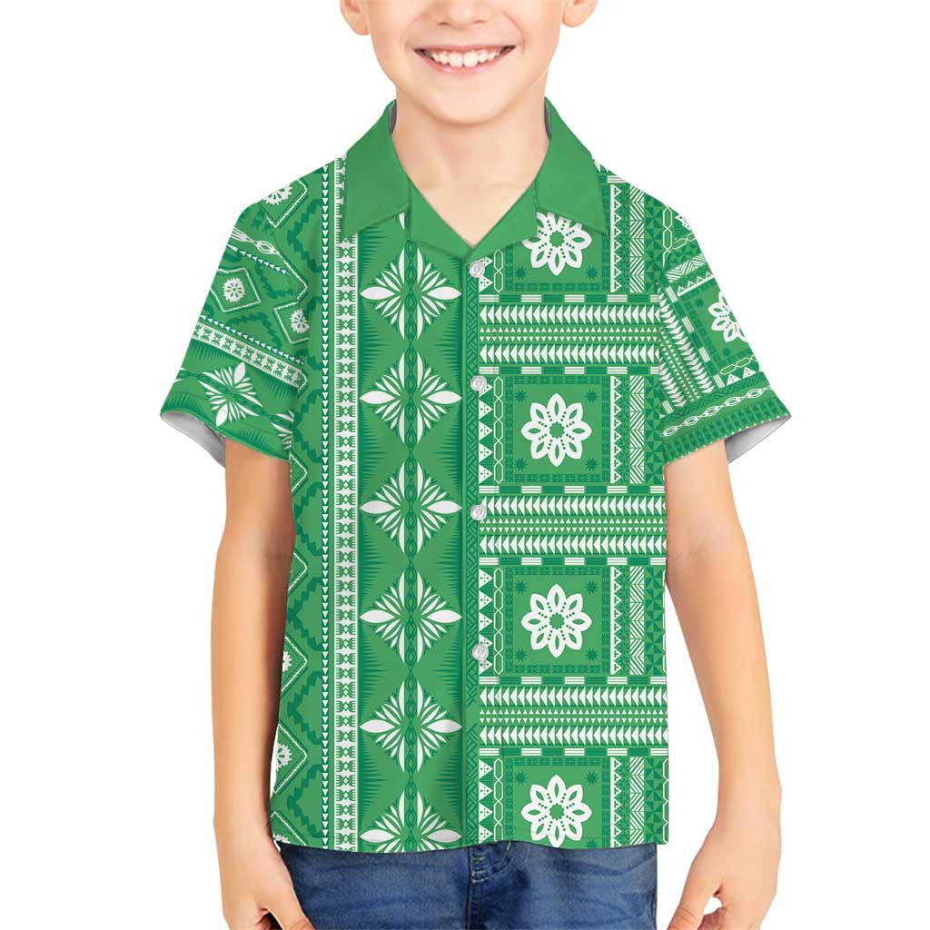Fiji Masi All Green Family Matching Puletasi and Hawaiian Shirt Tapa Pattern - Polynesian Pride