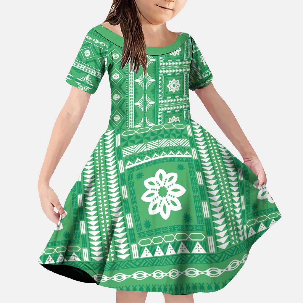 Fiji Masi All Green Family Matching Summer Maxi Dress and Hawaiian Shirt Tapa Pattern - Polynesian Pride