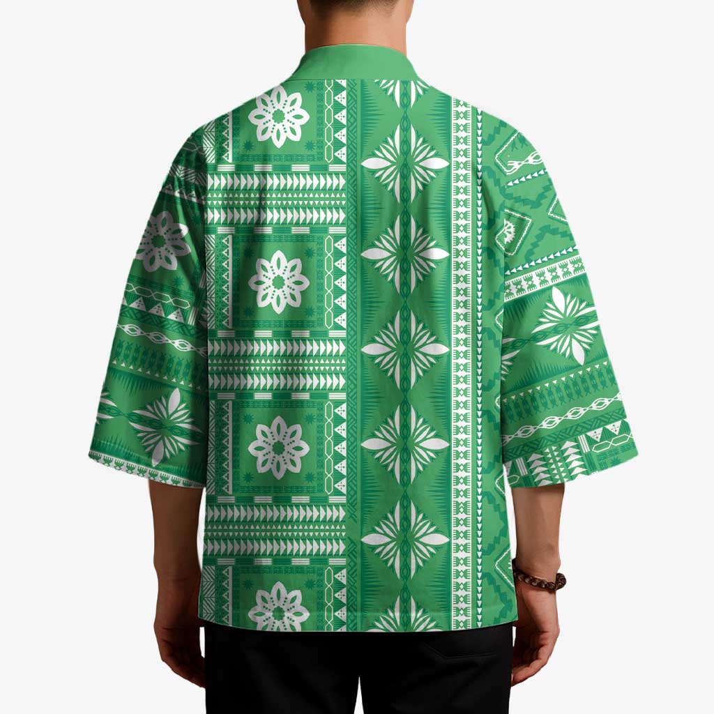 Fiji Masi All Green Kimono Tapa Pattern - Polynesian Pride