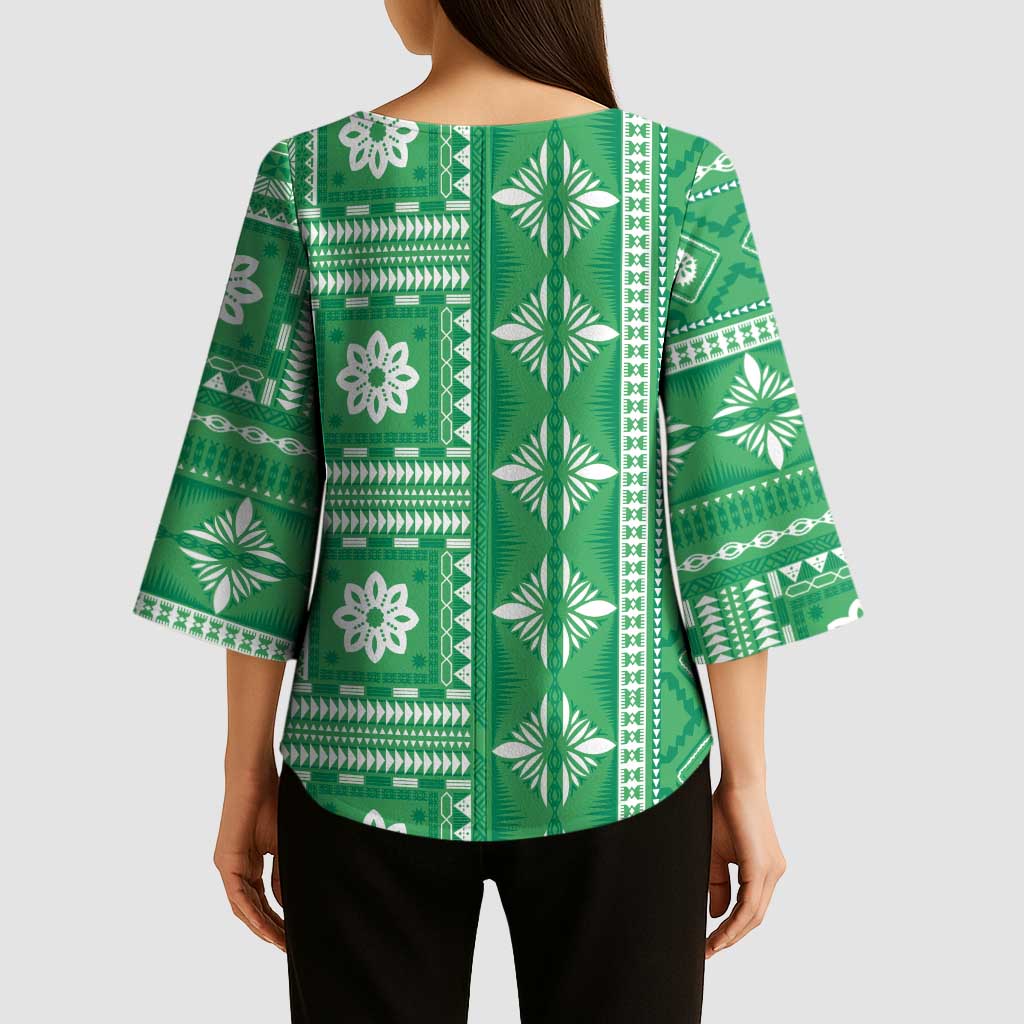 Fiji Masi All Green Kimono Sleeve Blouse Tapa Pattern - Polynesian Pride