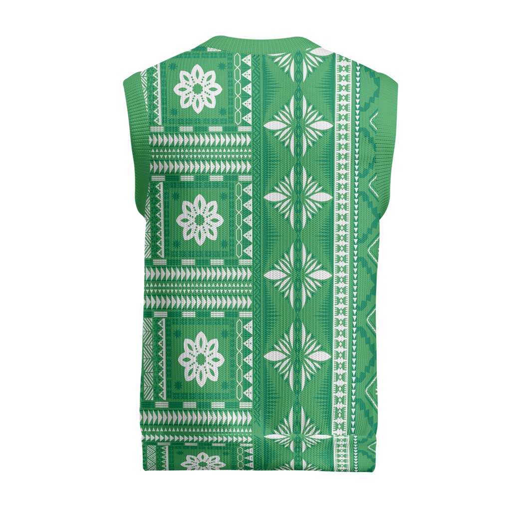 Fiji Masi All Green Christmas Knitted V-Neck Vest Tapa Pattern - Polynesian Pride