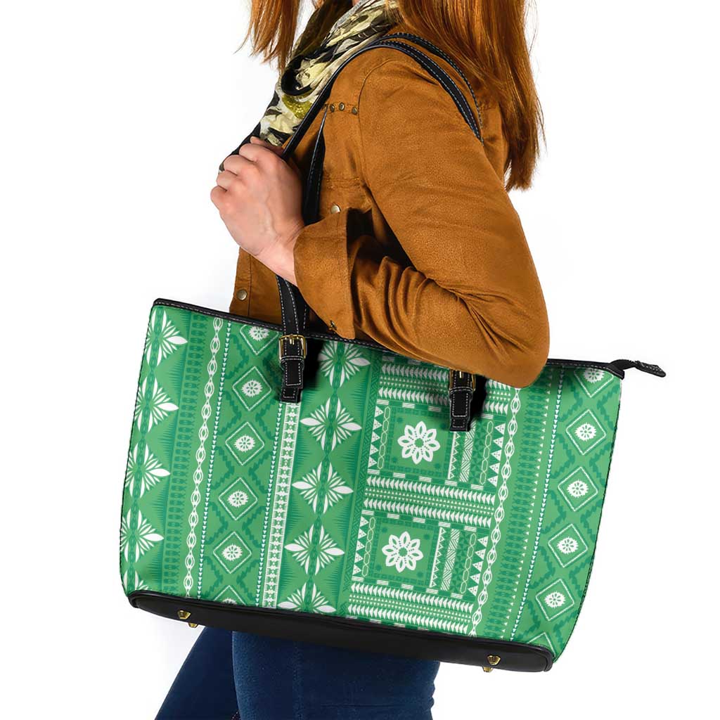 Fiji Masi All Green Leather Tote Bag Tapa Pattern - Polynesian Pride