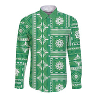 Fiji Masi All Green Long Sleeve Button Shirt Tapa Pattern - Polynesian Pride
