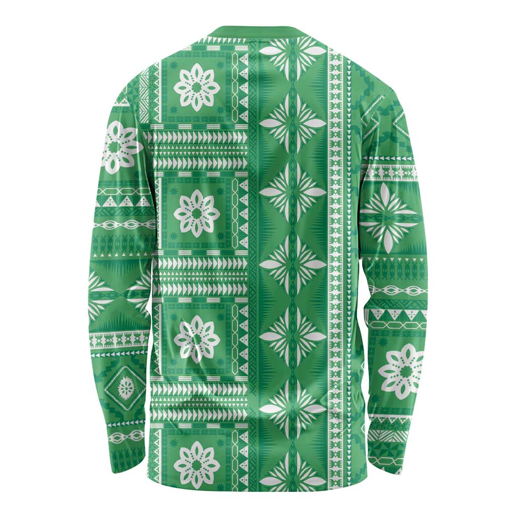 Fiji Masi All Green Long Sleeve Shirt Tapa Pattern - Polynesian Pride