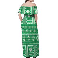 Fiji Masi All Green Off Shoulder Maxi Dress Tapa Pattern - Polynesian Pride