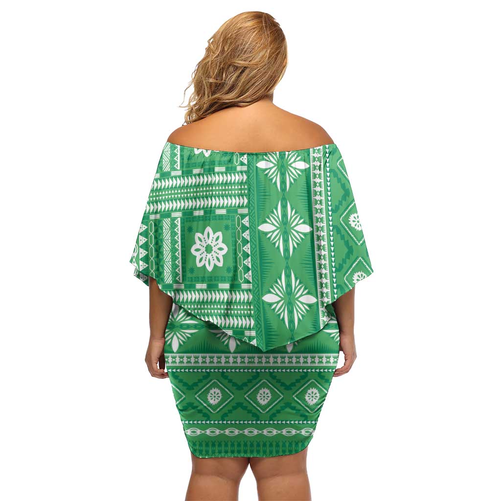 Fiji Masi All Green Off Shoulder Short Dress Tapa Pattern - Polynesian Pride
