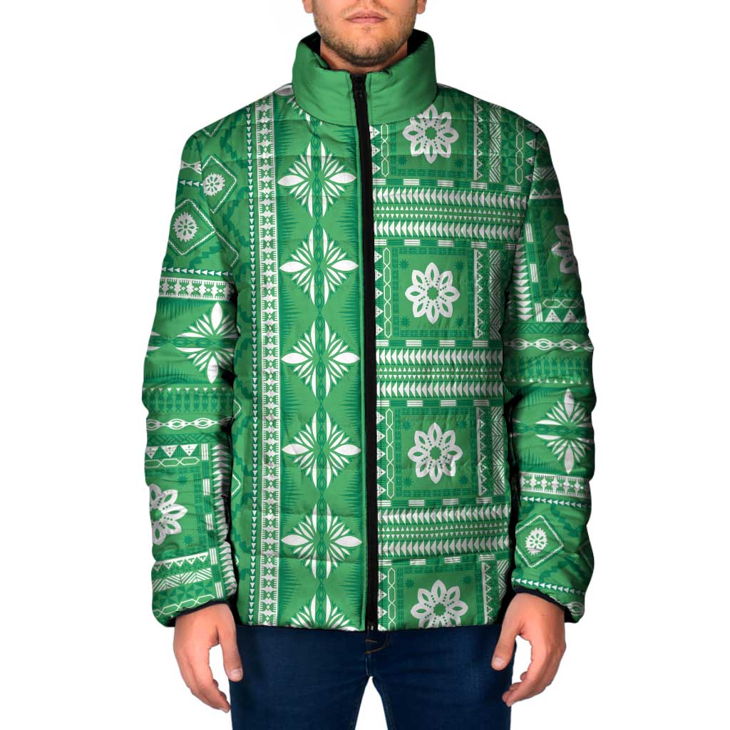 Fiji Masi All Green Padded Jacket Tapa Pattern - Polynesian Pride