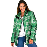 Fiji Masi All Green Padded Jacket Tapa Pattern - Polynesian Pride