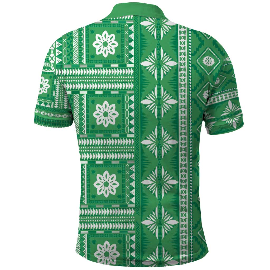 Fiji Masi All Green Polo Shirt Tapa Pattern - Polynesian Pride