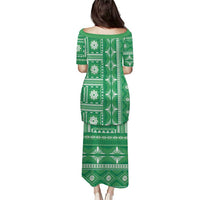 Fiji Masi All Green Puletasi Tapa Pattern - Polynesian Pride