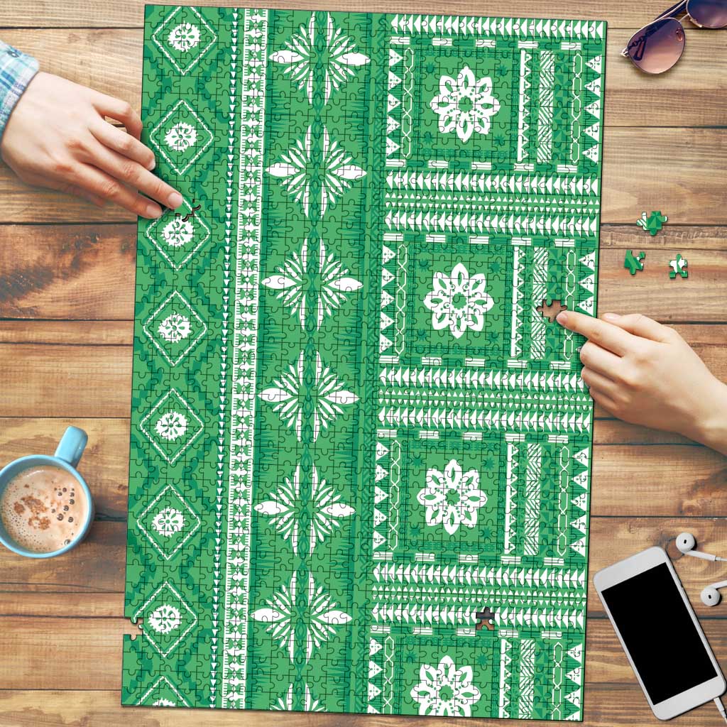 Fiji Masi All Green Puzzle Tapa Pattern - Polynesian Pride