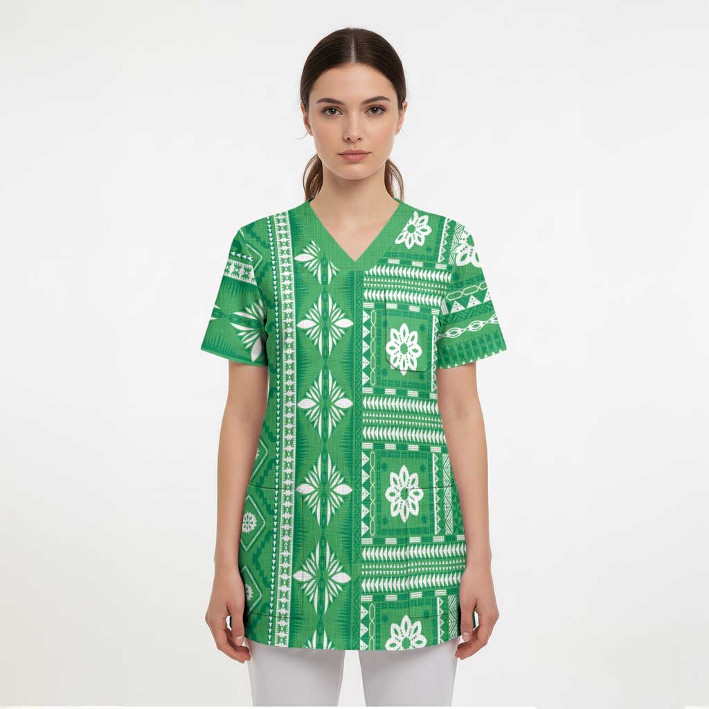 Fiji Masi All Green Scrub Top Tapa Pattern - Polynesian Pride