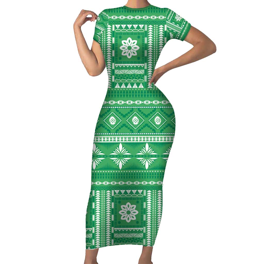 Fiji Masi All Green Short Sleeve Bodycon Dress Tapa Pattern - Polynesian Pride
