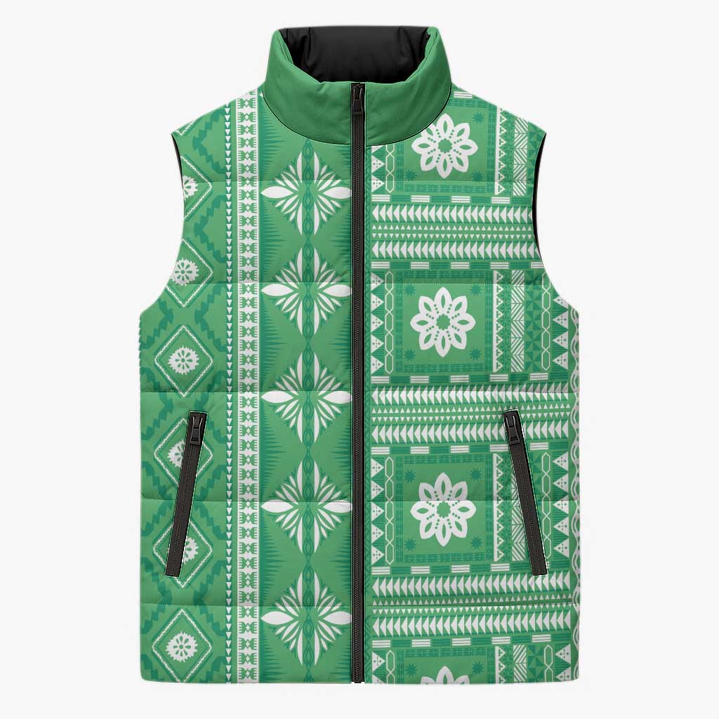 Fiji Masi All Green Sleeveless Puffer Jacket Tapa Pattern - Polynesian Pride