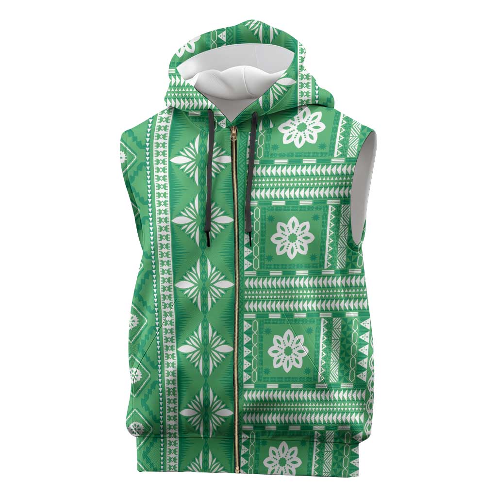 Fiji Masi All Green Sleeveless Zip Hoodie Tapa Pattern - Polynesian Pride