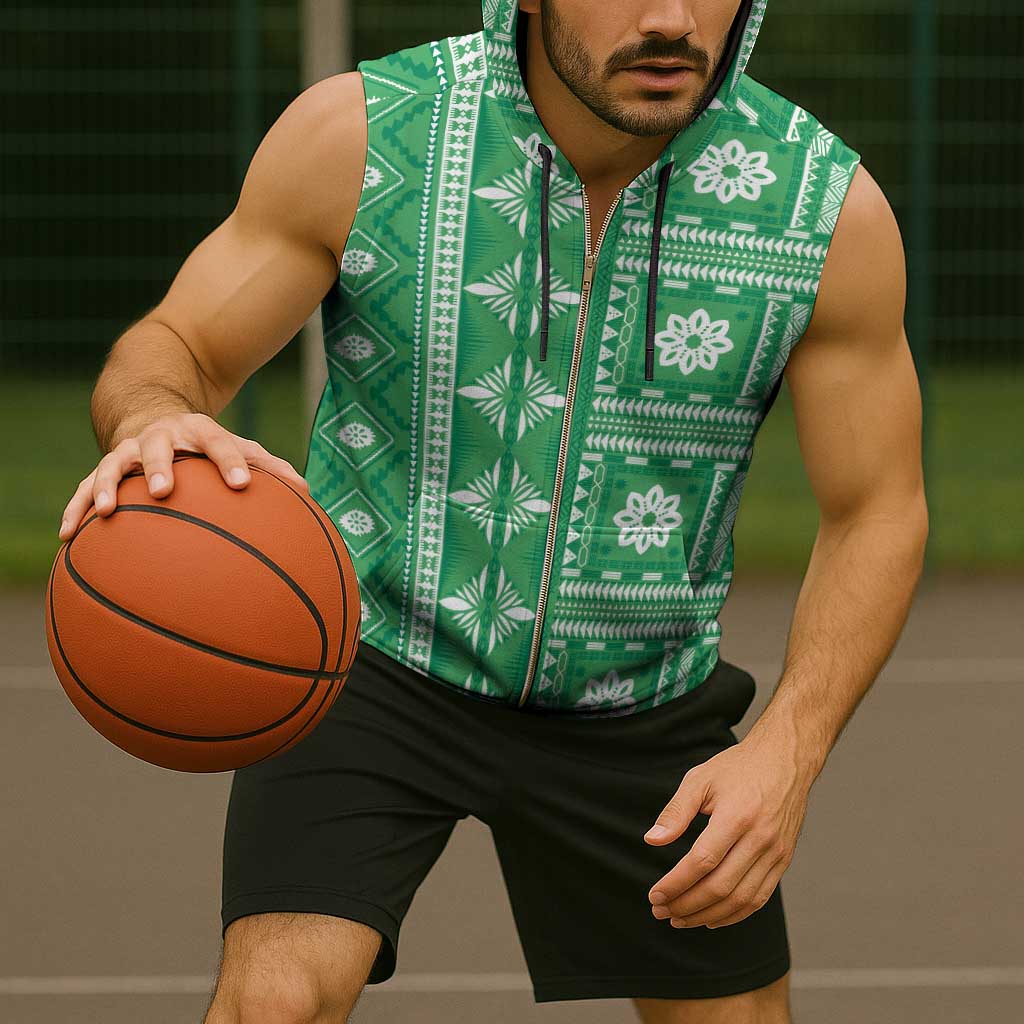 Fiji Masi All Green Sleeveless Zip Hoodie Tapa Pattern - Polynesian Pride