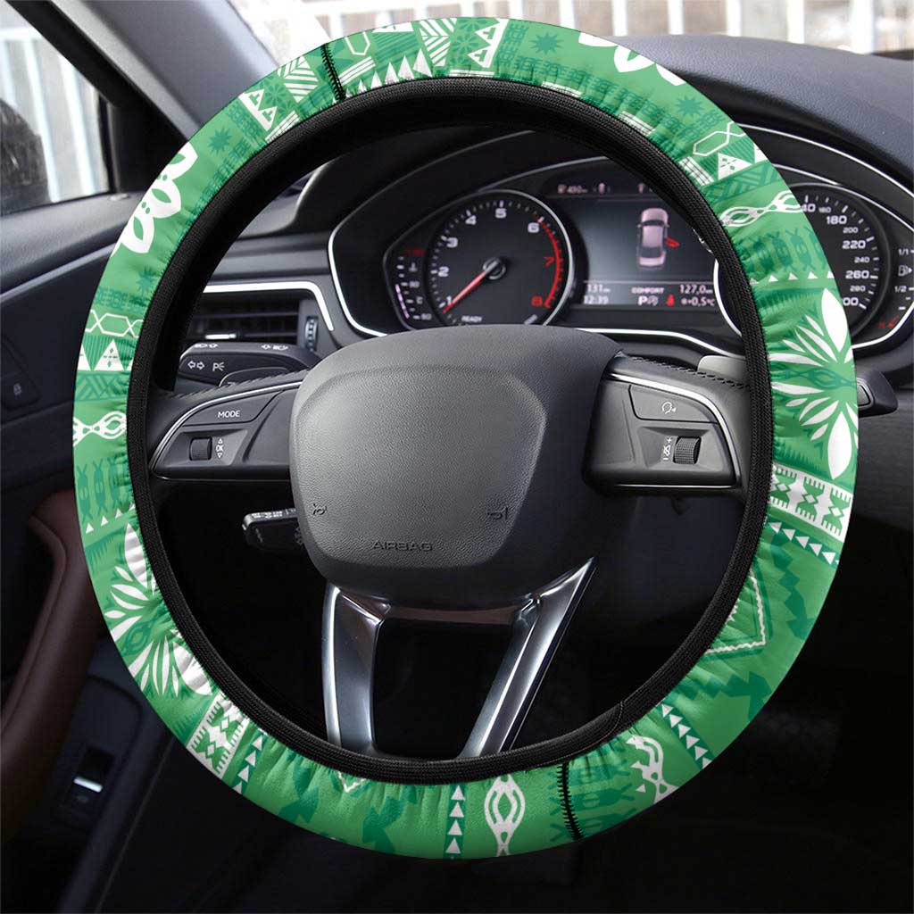 Fiji Masi All Green Steering Wheel Cover Tapa Pattern - Polynesian Pride