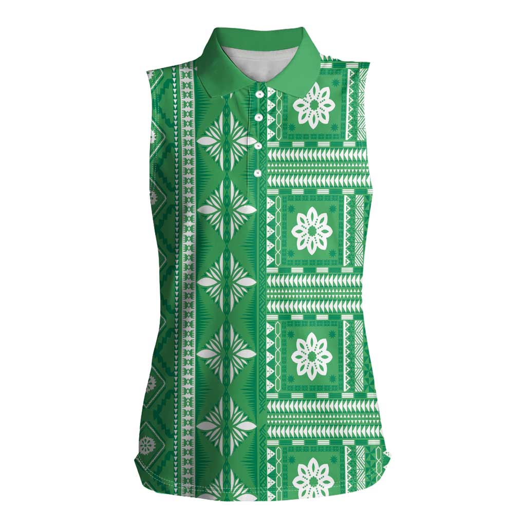 Fiji Masi All Green Women Sleeveless Polo Shirt Tapa Pattern - Polynesian Pride