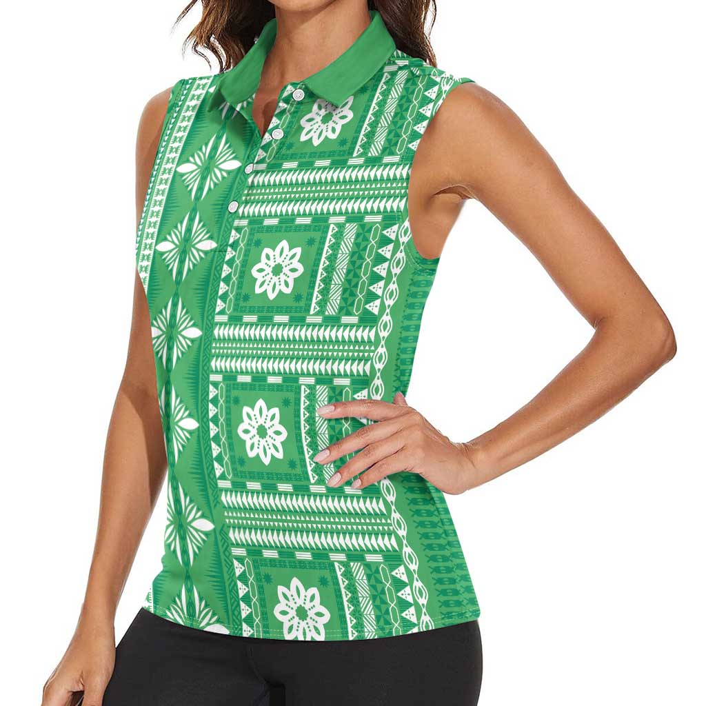 Fiji Masi All Green Women Sleeveless Polo Shirt Tapa Pattern - Polynesian Pride