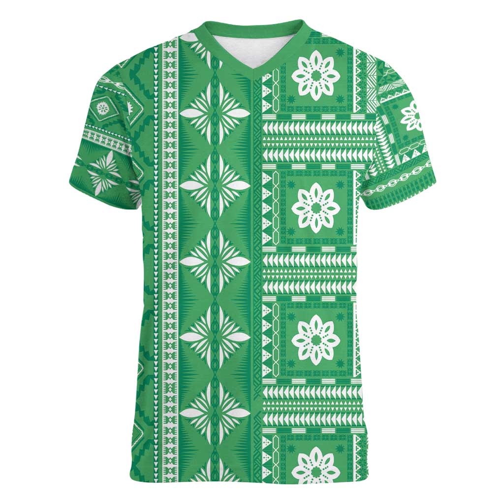 Fiji Masi All Green Women V-Neck T-Shirt Tapa Pattern - Polynesian Pride