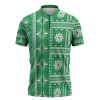 Fiji Masi All Green Zipper Polo Shirt Tapa Pattern - Polynesian Pride