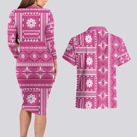 Fiji Masi All Pink Couples Matching Long Sleeve Bodycon Dress and Hawaiian Shirt Tapa Pattern - Polynesian Pride
