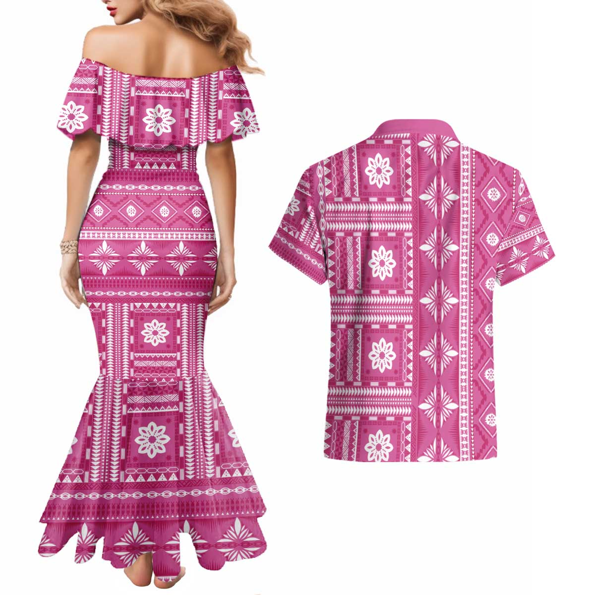 Fiji Masi All Pink Couples Matching Mermaid Dress and Hawaiian Shirt Tapa Pattern - Polynesian Pride