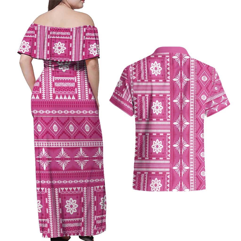 Fiji Masi All Pink Couples Matching Off Shoulder Maxi Dress and Hawaiian Shirt Tapa Pattern - Polynesian Pride