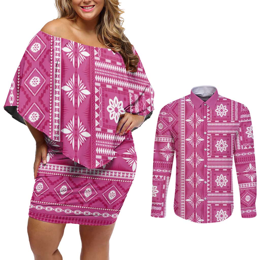 Fiji Masi All Pink Couples Matching Off Shoulder Short Dress and Long Sleeve Button Shirt Tapa Pattern - Polynesian Pride