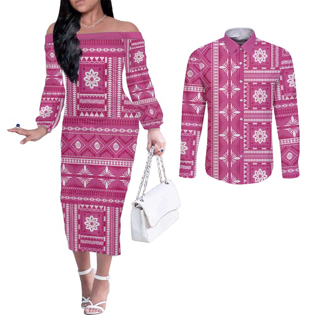 Fiji Masi All Pink Couples Matching Off The Shoulder Long Sleeve Dress and Long Sleeve Button Shirt Tapa Pattern - Polynesian Pride