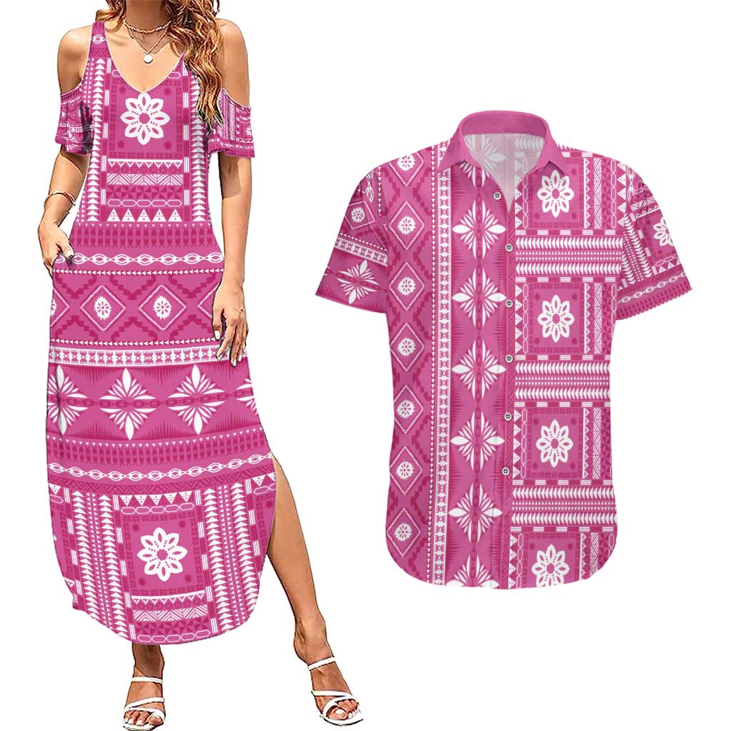 Fiji Masi All Pink Couples Matching Summer Maxi Dress and Hawaiian Shirt Tapa Pattern - Polynesian Pride