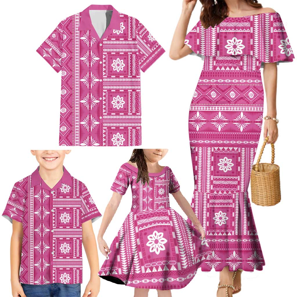 Fiji Masi All Pink Family Matching Mermaid Dress and Hawaiian Shirt Tapa Pattern - Polynesian Pride