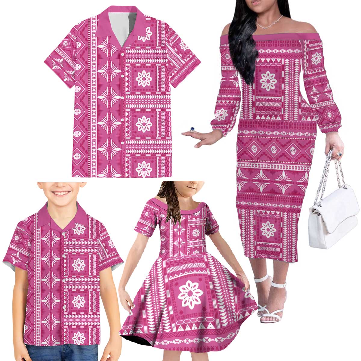 Fiji Masi All Pink Family Matching Off The Shoulder Long Sleeve Dress and Hawaiian Shirt Tapa Pattern - Polynesian Pride