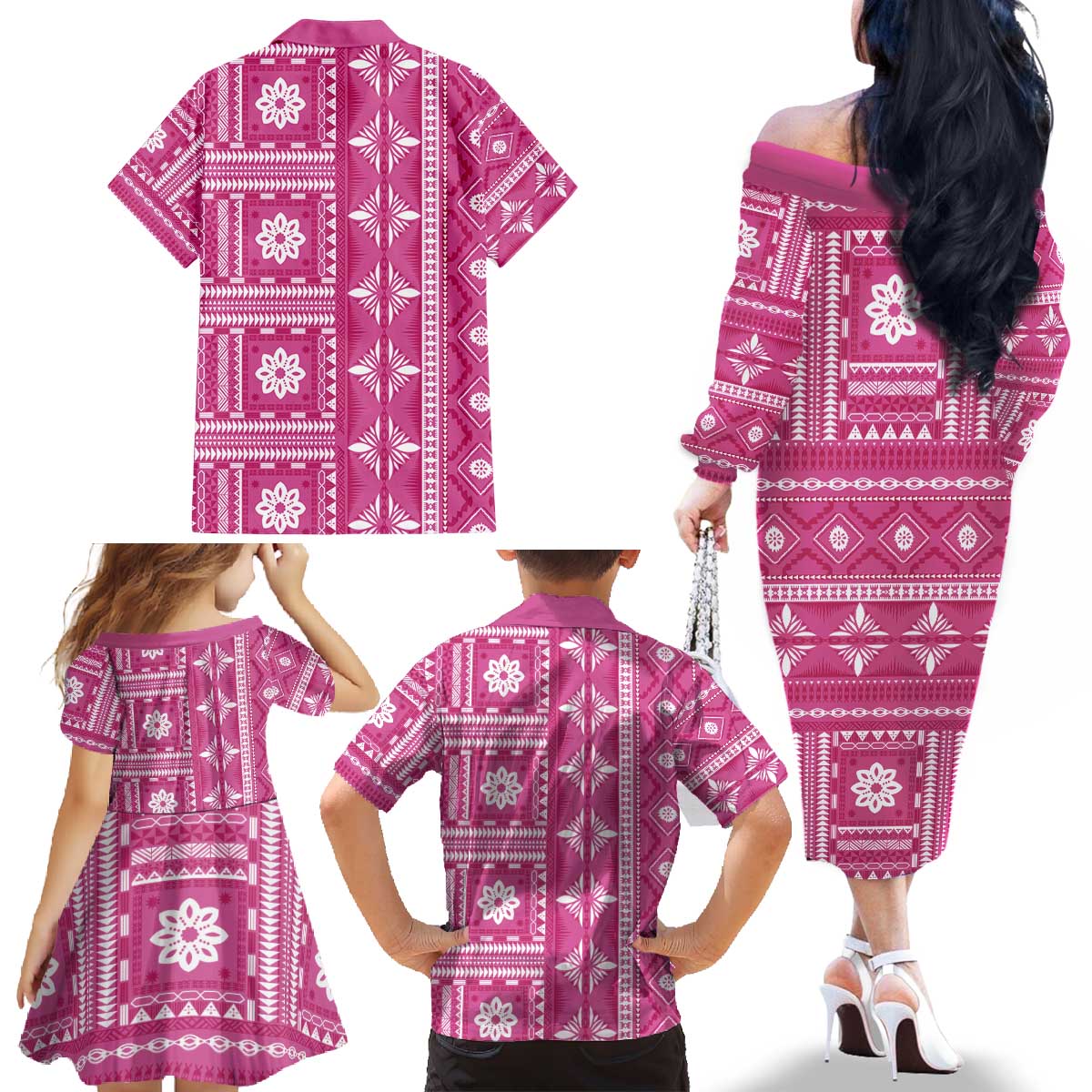 Fiji Masi All Pink Family Matching Off The Shoulder Long Sleeve Dress and Hawaiian Shirt Tapa Pattern - Polynesian Pride