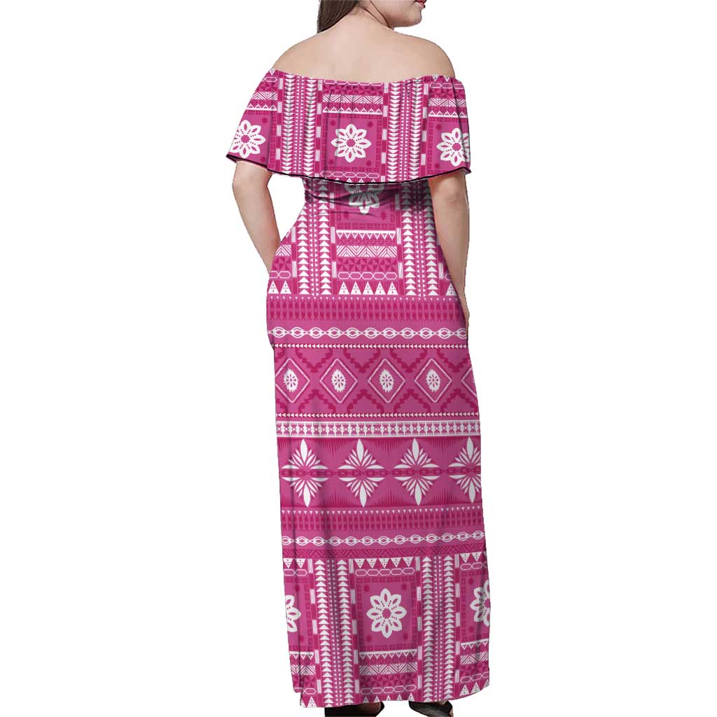Fiji Masi All Pink Family Matching Off Shoulder Maxi Dress and Hawaiian Shirt Tapa Pattern - Polynesian Pride