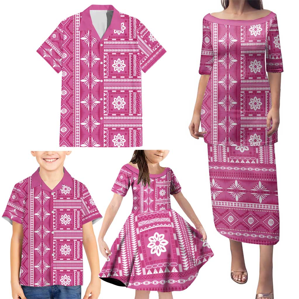 Fiji Masi All Pink Family Matching Puletasi and Hawaiian Shirt Tapa Pattern - Polynesian Pride
