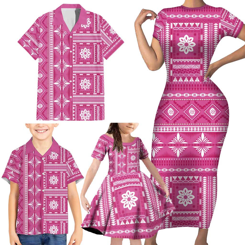 Fiji Masi All Pink Family Matching Short Sleeve Bodycon Dress and Hawaiian Shirt Tapa Pattern - Polynesian Pride