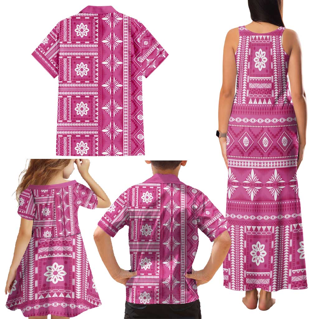 Fiji Masi All Pink Family Matching Tank Maxi Dress and Hawaiian Shirt Tapa Pattern - Polynesian Pride