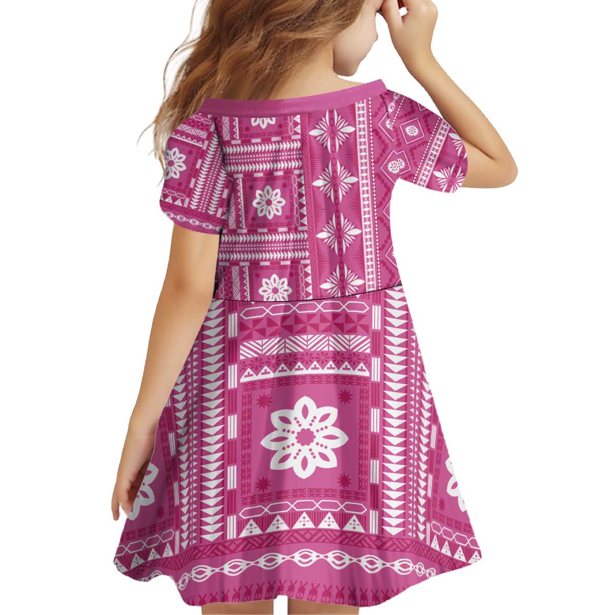 Fiji Masi All Pink Kid Short Sleeve Dress Tapa Pattern - Polynesian Pride