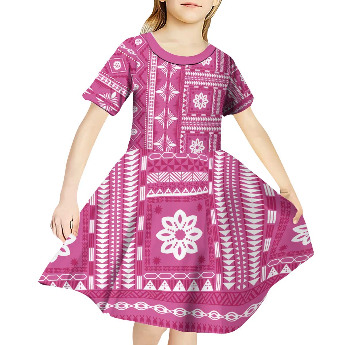 Fiji Masi All Pink Kid Short Sleeve Dress Tapa Pattern - Polynesian Pride