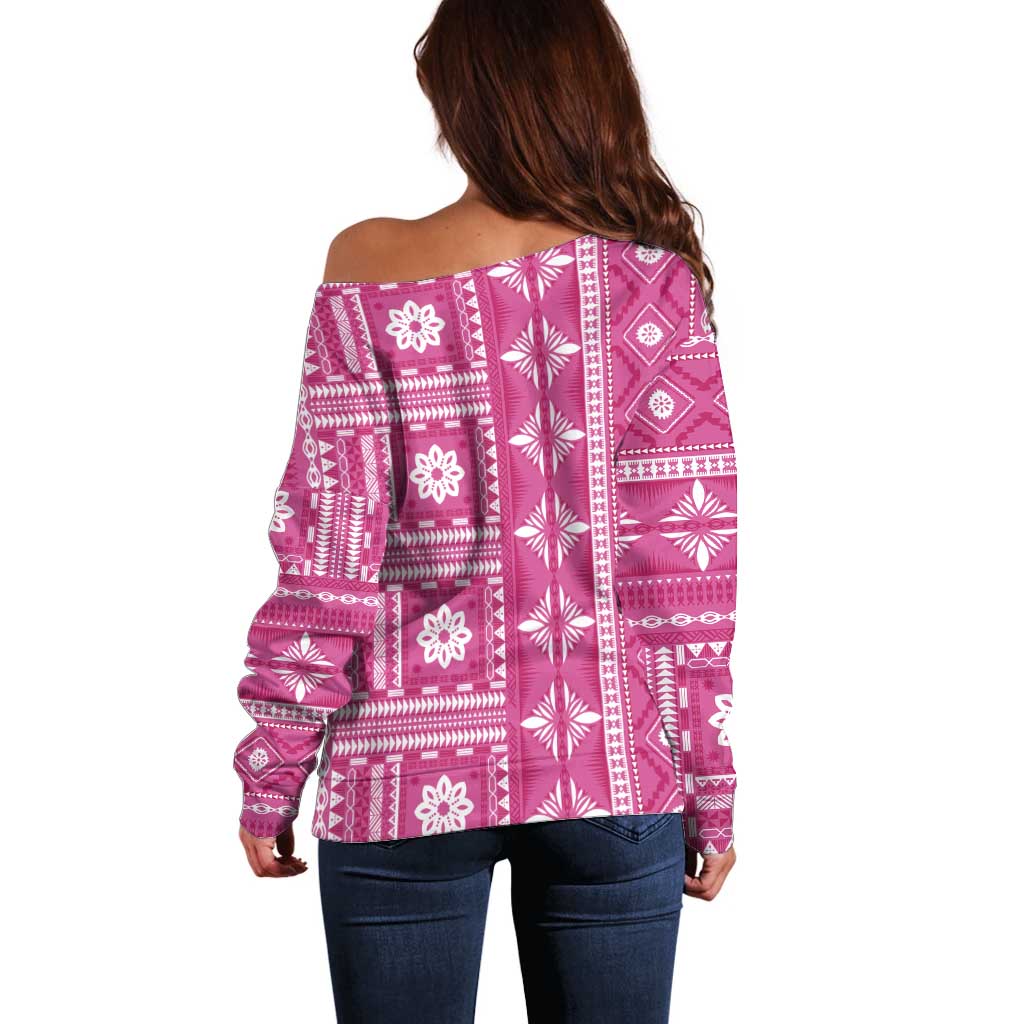 Fiji Masi All Pink Off Shoulder Sweater Tapa Pattern - Polynesian Pride
