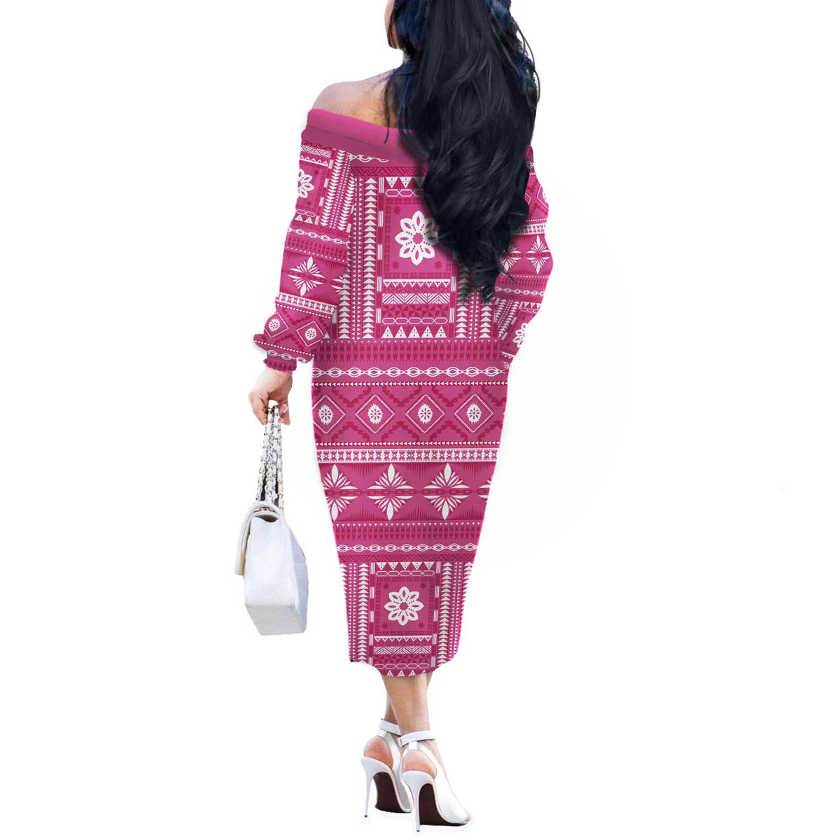 Fiji Masi All Pink Off The Shoulder Long Sleeve Dress Tapa Pattern - Polynesian Pride