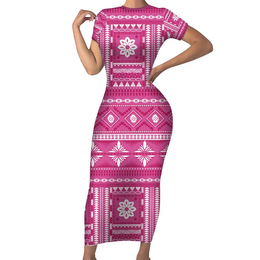 Fiji Masi All Pink Short Sleeve Bodycon Dress Tapa Pattern - Polynesian Pride