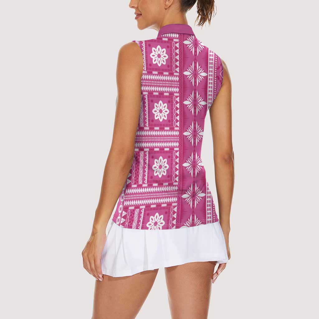 Fiji Masi All Pink Women Sleeveless Polo Shirt Tapa Pattern - Polynesian Pride