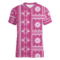 Fiji Masi All Pink Women V-Neck T-Shirt Tapa Pattern - Polynesian Pride