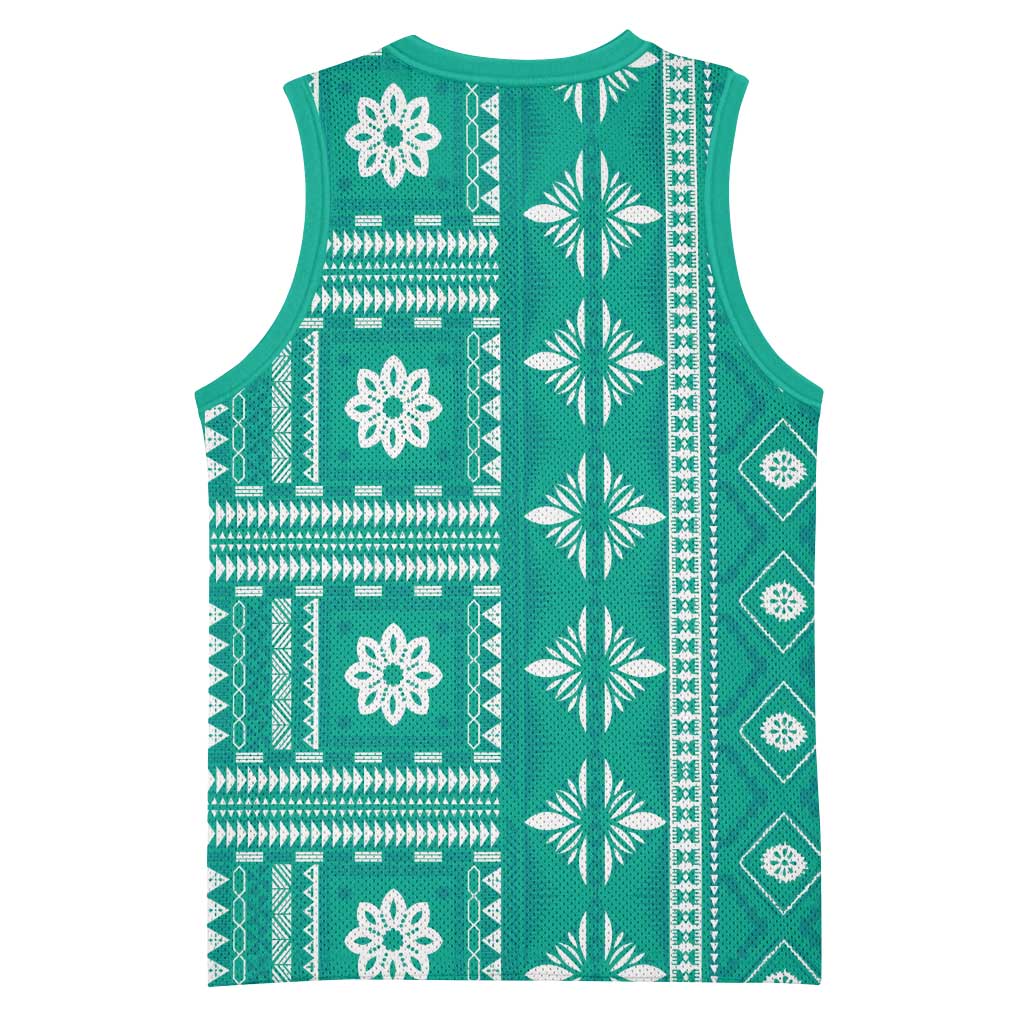 Fiji Masi All Teal Basketball Jersey Tapa Pattern - Polynesian Pride